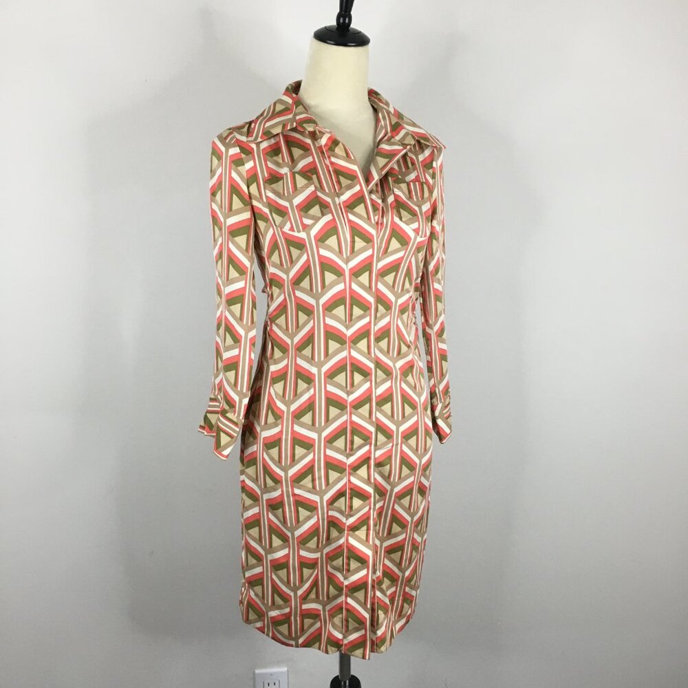 DVF DIANE VON FURSTENBERG Silk Blend MultiColor Geometric Print 3/4 Sleeve Dress